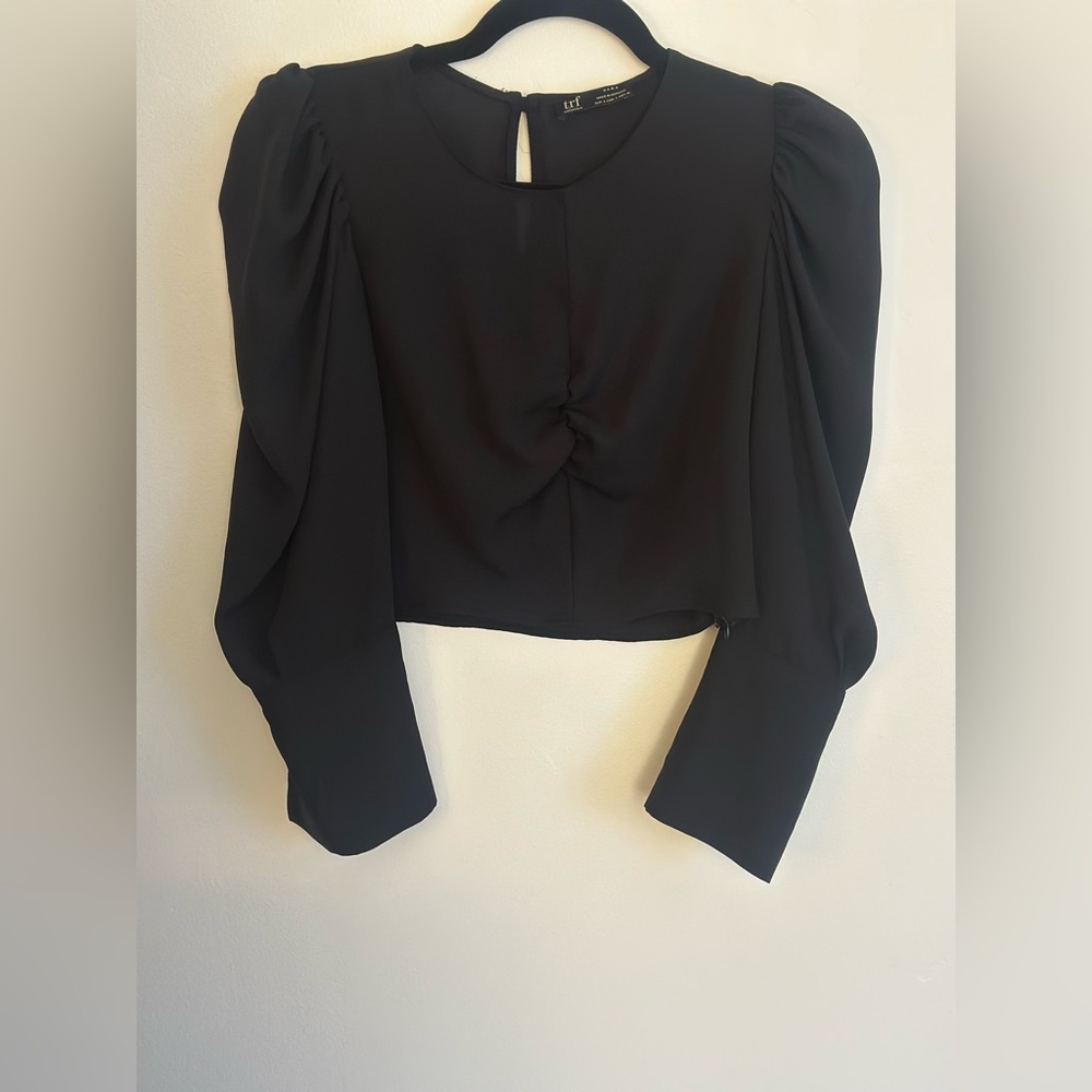 ZARA TRF Black Sheer Crop Blouse Puff Sleeves Size S